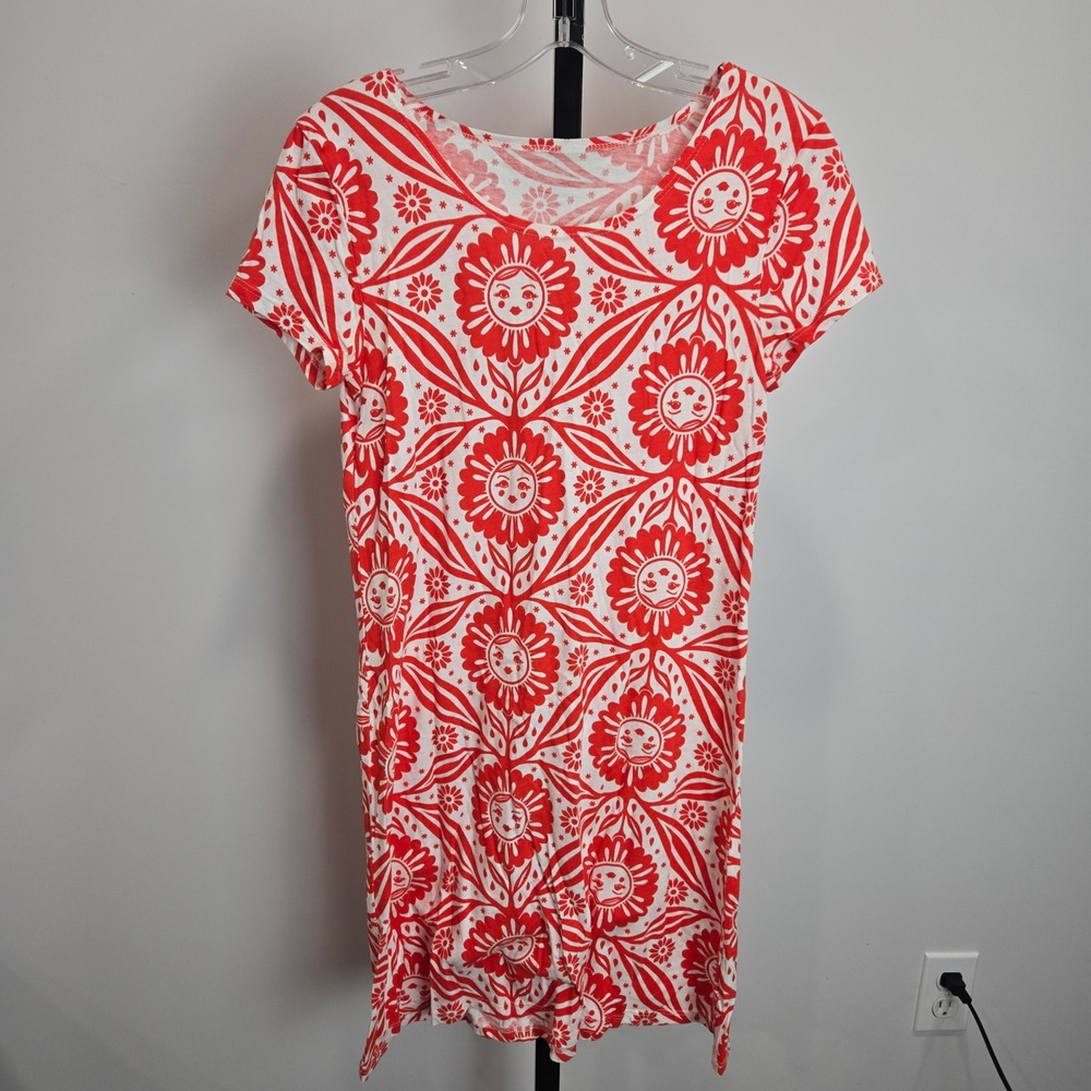Blue Platypus Red White Sun Face Floral Graphic T-Shirt Dress XS Made in USA